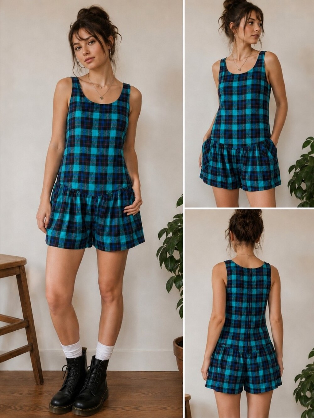 Vintage 80s S. Roberts Plaid Rayon Romper | Drop Waist | Size 9/10